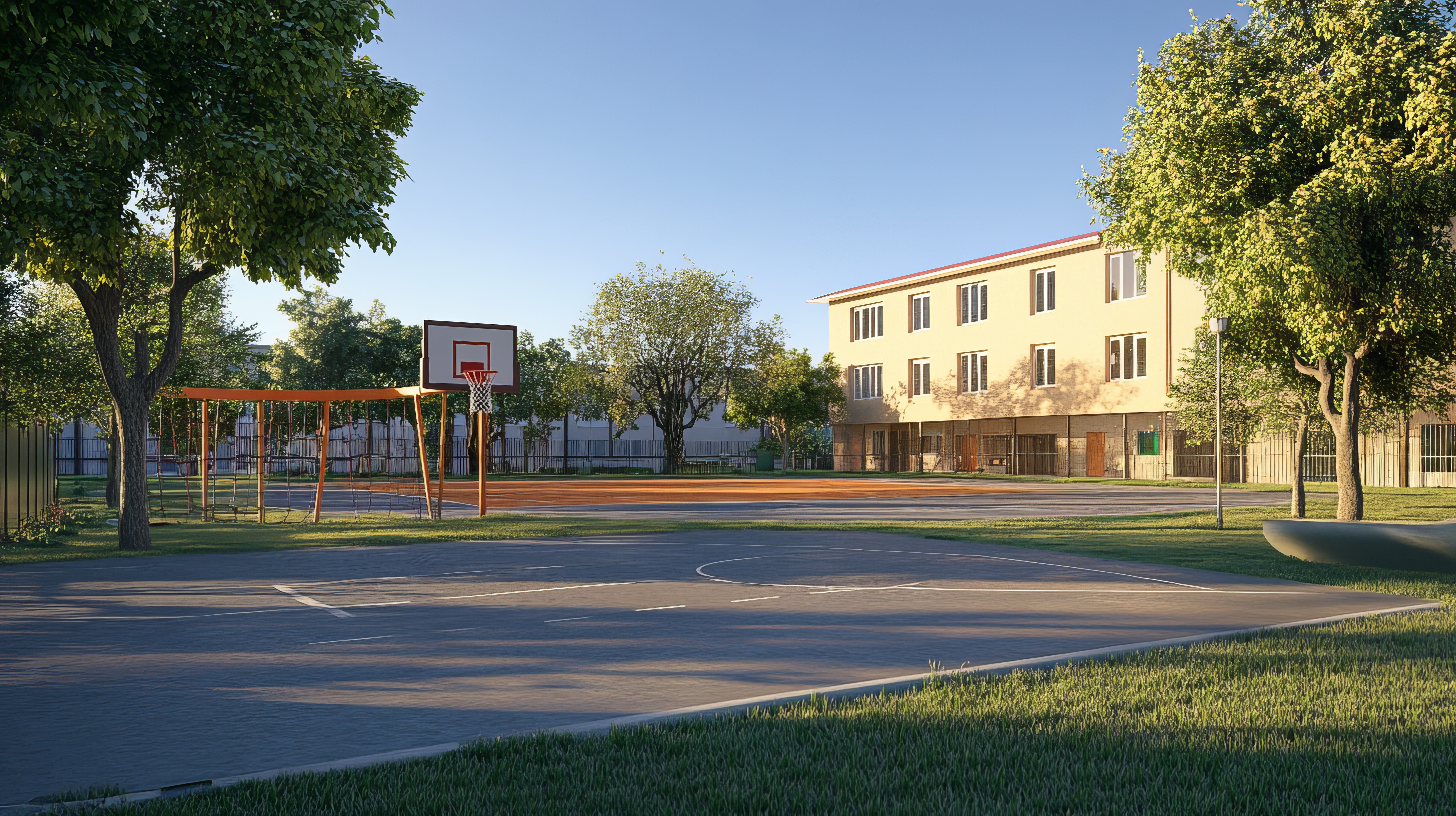 cour de récréation ensoleillée avec terrain de basket et extérieur d'école moderne